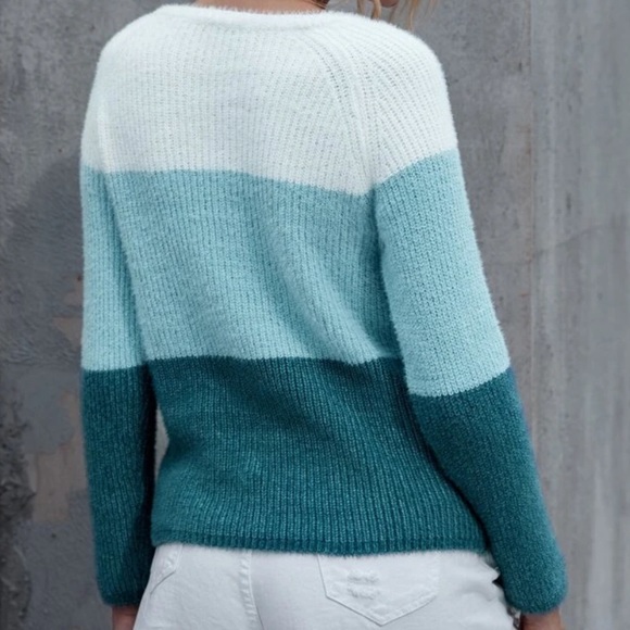 Colorblock Rib Knit Sweater Blue Turquoise Aqua - Picture 2 of 2